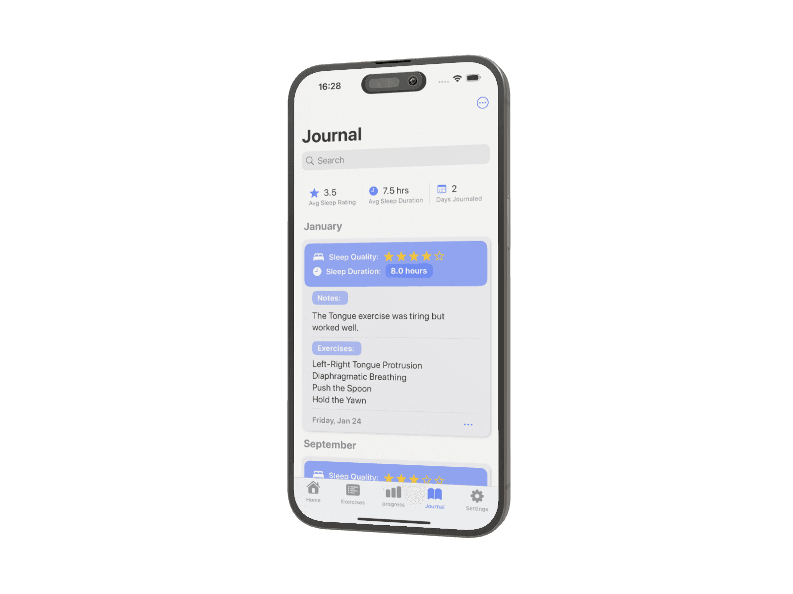 Sleep journal interface mockup