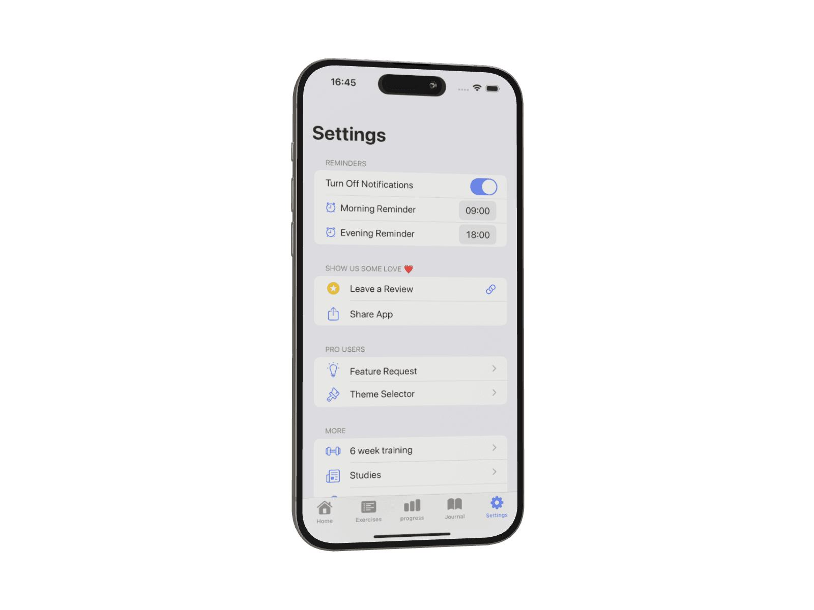 Settings interface mockup